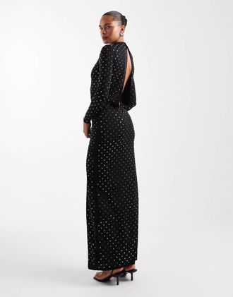 Mango Capsule - Vestito lungo accollato e a maniche lunghe nero decorato