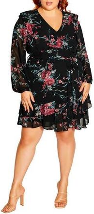 City Chic Lauren Floral Long Sleeve Dress in Black Whimsical Fl at Nordstrom Rack, Size S/16W