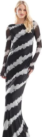 Vero Moda Tall long sleeved mesh dress in blurred mono print-Black