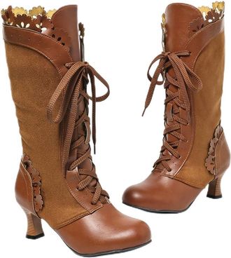 Generic Womens Vintage Ruffles Goth Riding Boots Mid Calf Lace Up Round Toe Kitten Heel Brouge Shoes for Party Costume (Brown,8.5)
