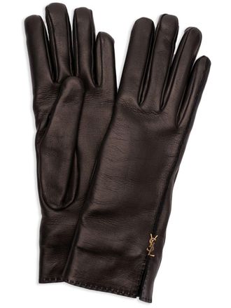 Saint Laurent Cassandre-plaque gloves - women - Metal/Cashmere/Leather/Cashmere - 8 - Black