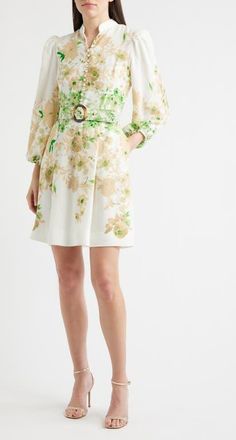 Tahari by ASL Border Print Belted Long Sleeve Dress in Ivory Fern at Nordstrom, Size 12