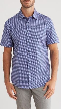 Bugatchi Print OoohCotton Short Sleeve Button-Up Shirt in Navy at Nordstrom Rack, Size Xxx-Large