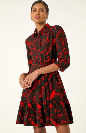 Roman Abstract Print Tie Waist Shirt Dress