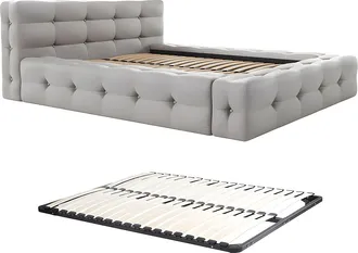 Pascal Morabito Cama capiton&eacute; 160 x 200 cm - Tela jaspeada - Gris claro + Somier - LERUCO de Pascal Morabito