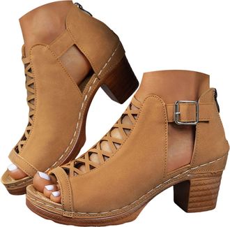 Generic Womens Platform Sandals Summer Trendy Dressy Gladiator Sandals Chunky Heel Hollow Cut Out Open Toe Stacked Heeled Booties Beach Boho Comfortable Ankle