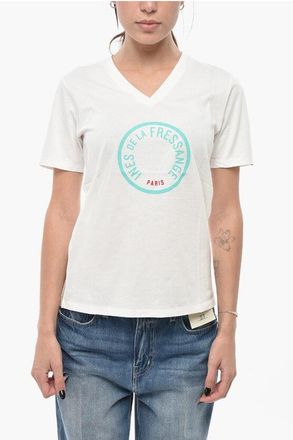 Ines De La Fressange Cotton-Blend V-Neck T-Shirt with Printed Logo size Xs