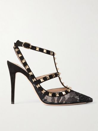 Valentino Garavani Décolleté In Pizzo Con Finiture In Camoscio Rockstud 100 - Nero