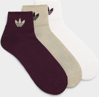 adidas Mens Sand/white/burgundy terry ankle socks 3-pack