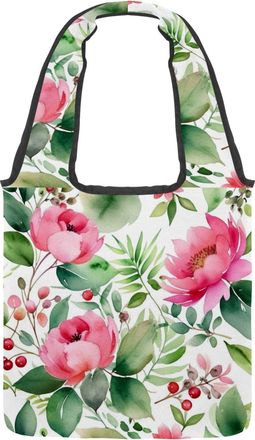 Generic Flowers and Green Leaves Reversible Canvas Shoulder Tote - Double-Sided Print, 12oz Cotton, 27cm Drop, Fold-Flat Bag for Travel, Shopping, Street Outi