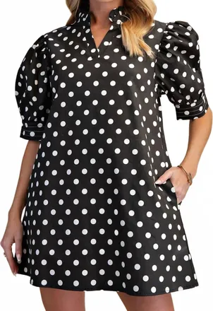 Glam Ruffle Neck Polka Dot Dress In Black