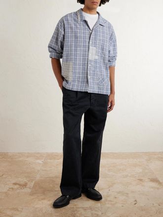 Story mfg. Greetings Camp-Collar Patchwork Checked Organic Cotton Shirt
