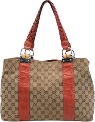 Gucci Pre-owned Canvas Tote Bag - Dames - Vintage Shopper - Bruin - ONE Size - Leer - Vintage