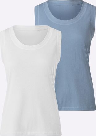 Heine Shirttop HEINE, Damen, Gr. 34, bleu, ecru, 65% Polyester, 35% Baumwolle, unifarben, Rundhals, Tops Shirttop