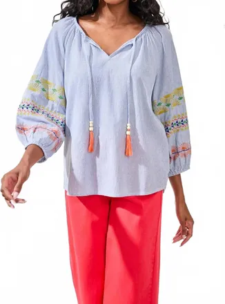 Tribal Embroidered Balloon Sleeve Tassel Tie Notch Neck Blouse In Baja Blue