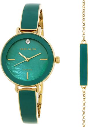 Anne Klein Quartz Green Mother of Pearl Dial Ladies Watch and Bracelet Set AK/3620GNST