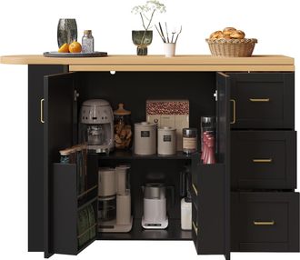 STILVORA Carro De Cocina Extensible Con 2 Puertas 3 Cajones Cesta Lateral Y 5 Ruedas Para Cocina En Mdf Negro