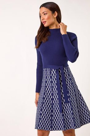 Roman Contrast Skirt Ribbed Jumper Dress
