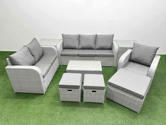 Fimous Patio PE Wicker 9 Seater Outdoor Rattan Furniture Sofa Sets w/ Rectangular Coffee Table Reclining Chair Loveseat Sofa 3 Seater Sofa Stool 2