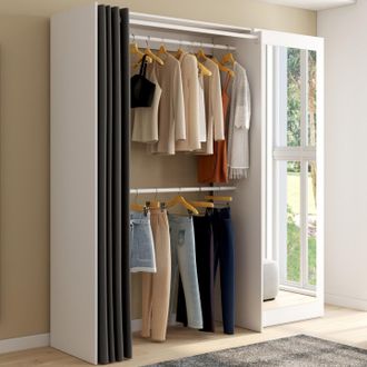 IDMarket Marty 120/170 X 50 X 180 Cm Blanco Armario Extensible Con Estantes + Armario Doble + Espejo + Cortina Gris