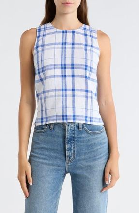 Madewell Tie-Back Linen Shell Top in Oversized Blue White Plaid at Nordstrom, Size Xx-Large