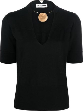 Jil Sander choker-neck short-sleeve top - women - Virgin Wool - 36 - Black