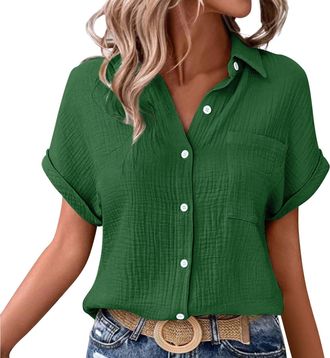 Generic Shffuw Linen Tops for Women UK Summer Ladies Casual Button Down Short Sleeve Tunic Blouses Textured Collared Solid Elegant T-Shirts Oversized Trendy L