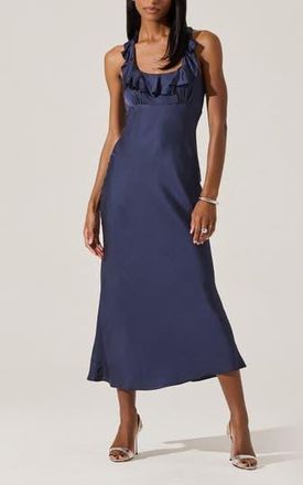 ASTR the Label Morrigan Ruffle Halter Satin Maxi Dress in Navy at Nordstrom Rack, Size X-Large
