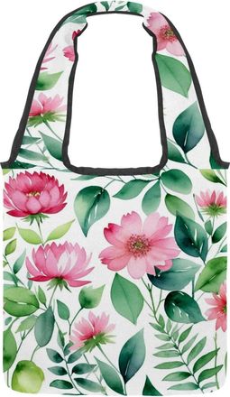Generic Flowers and Green Leaves Reversible Canvas Shoulder Tote - Double-Sided Print, 12oz Cotton, 27cm Drop, Fold-Flat Bag for Travel, Shopping, Street Outi