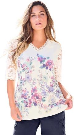 Roaman's Plus Size Lace Sleeve Printed Tee in Ivory Botanical Garden at Nordstrom, Size 16