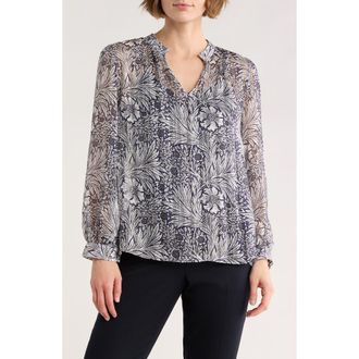 Elie Tahari Floral Long Sleeve Chiffon Top in Navy/White Shrubbery Print at Nordstrom Rack, Size X-Large