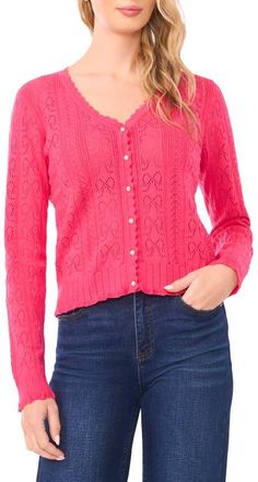 CeCe by Cynthia Steffe Pointelle Stitch Bow Cotton Cardigan in Azalea Pop at Nordstrom, Size Medium