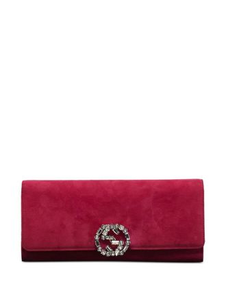 Gucci Broadway crystal-logo suede clutch bag - Pink