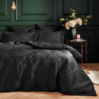 Riva Paoletti Palmeria Quilted Velvet Duvet Cover Set in Black | Size: Super King