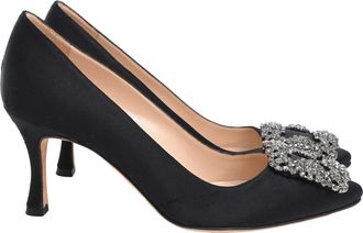 Manolo Blahnik Hangisi 70 Embellished Pumps in Black Satin
