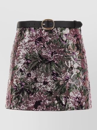 Self Portrait sequin mini skirt belted waist floral