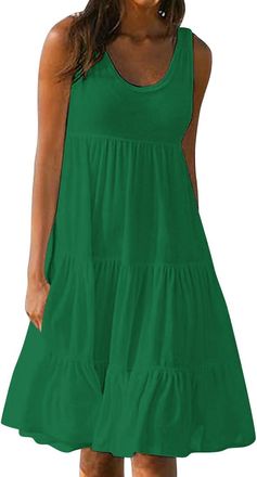 Generic Women Summer Dresses UK Sale Ladies Solid Color Casual Dress Sleeveless Sundress Round Neck Dresses A-Line Dress Midi Skirts Ruffle Skirt Flowy Clothi