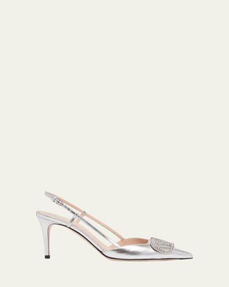 Valentino Garavani 80mm VLogo Signature Strass Metallic Leather Slingback Pumps