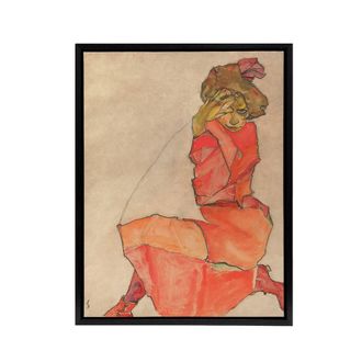 Artery8 Egon Schiele Kneeling Female In Dress Framed Canvas Wall Art Print | Size: W24 x H32