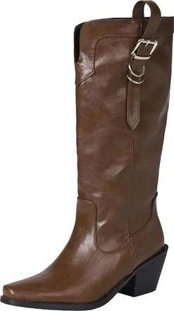 Generic Womens Elegant Mid Calf Boots Square Toe High Thick Heel With Platform Slip On Design And Decorative Belt Buckle