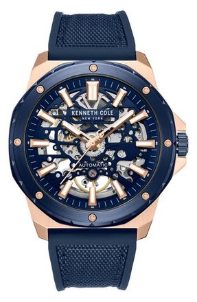 Kenneth Cole The Hollis Skeleton Automatic Silicone & Nylon Strap, 45mm in Navy /Blue Dark at Nordstrom