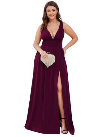 Ever-pretty Women Plus Size Evening Dress High Stretch Slit Floor Length Mulberry 22