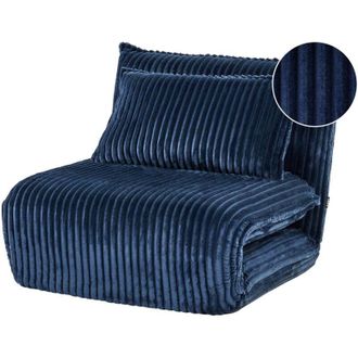Beliani Sofa Bed Blue Corduroy Upholstery 1 Seater with Additional Cushion Sleeper Function Adjustable Backrest Armless for Kids and Adults LYSEKIL