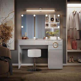 Vicco Tocador Adela, Blanco, 115 Cm Con Iluminaci&oacute;n Led Y Taburete