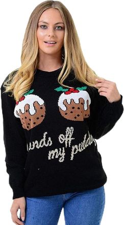 Generic Womens Hands Off My Pudding Christmas Jumper | Funny Novelty Knitted Sweater | Long Sleeve Festive Xmas Top | Black & Red | S-XXL (UK, Alpha, XXL, Reg