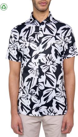 ConStruct Regular Fit Exploded Floral Print Recycled Performance Golf Button-Down Shirt in Black/white at Nordstrom, Size Xxx-Large