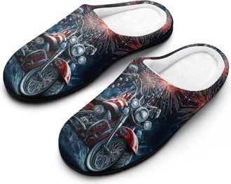 Generic 4th of July Motorcycle Funny Mens Cotton Slippers Soft Non-Slip Rubber Sole House Slipper Indoor Outdoor