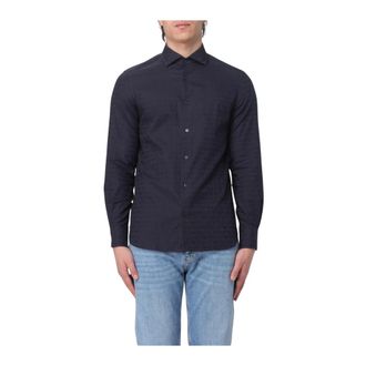 Emporio Armani Overhemden, Heren, Blauw, XL, Katoen, Logo Print Overhemd Klassieke Pasvorm