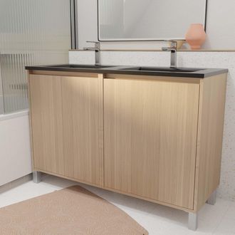 Aurlane Mueble De Ba&ntilde;o 120 Cm 4 Puertas Roble Claro+ Lavabo Doble Cer&aacute;mica Negra