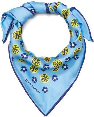 Tory Burch Silk Triangle Scarf in Blue Floral Monogram at Nordstrom